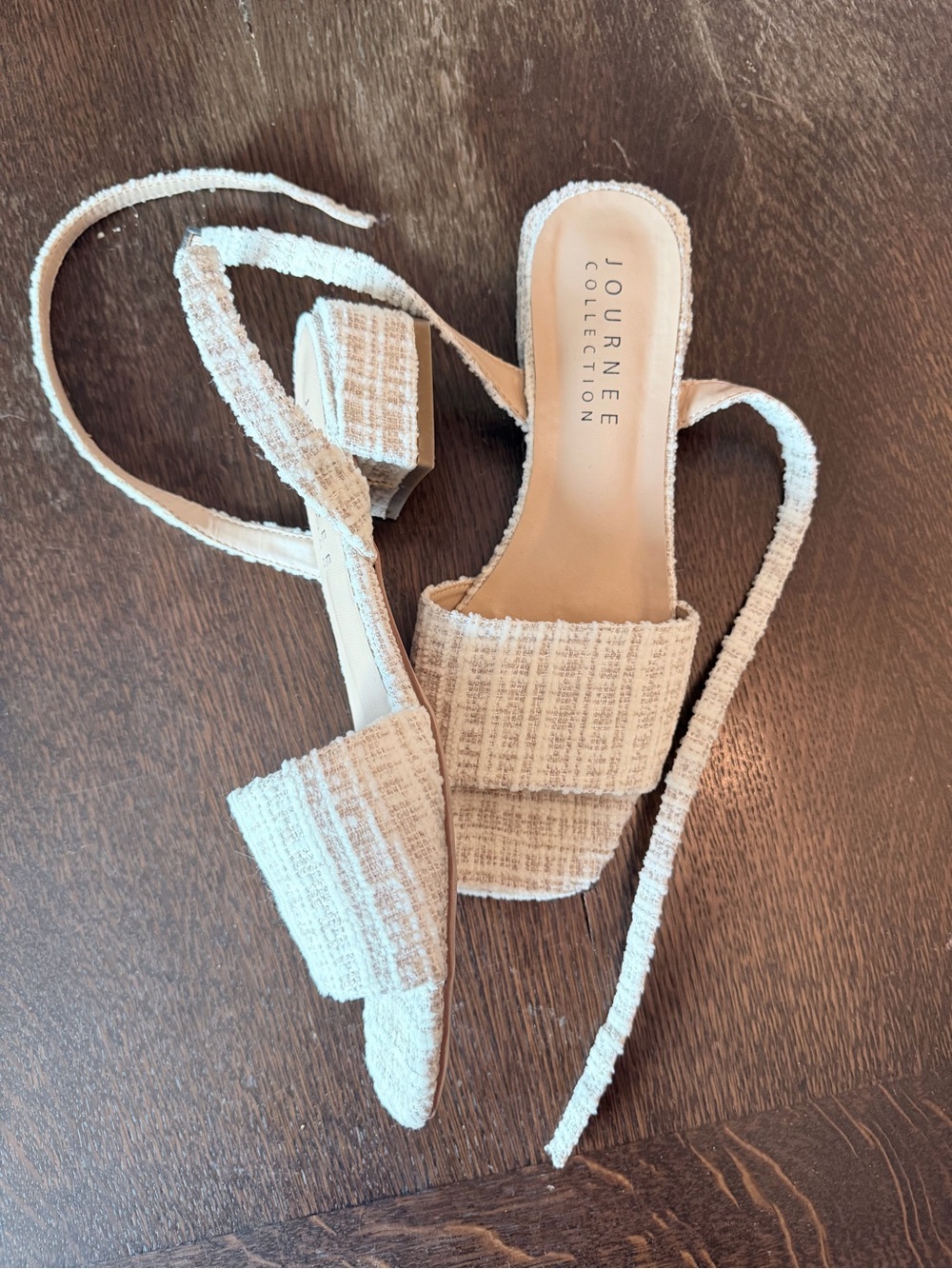 Journee Collection Cream Tweed Slide Mules with Ankle Tie - Picture 4 of 5